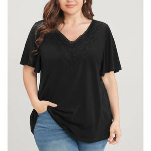 BloomChic T-Shirt Top Women's 10 Black Crochet V Neck Short Sleeve Blouse New